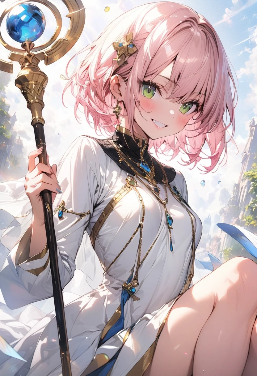(masterpiece),(best quality),(ultra-detailed),(best illustration),(best shadow),(absurdres),(detailed background),(very aesthetic), priestess, short hair,curly bob cut, detailed skin, pink hair, green eyes, perfect face, White dress, gold_ornaments, ((Staff)), ((short breasts)), smiling, veil, 1girl, legs exposed, strikes, Perfect face, add_detail:1, add_detail:0, add_detail:0.5,