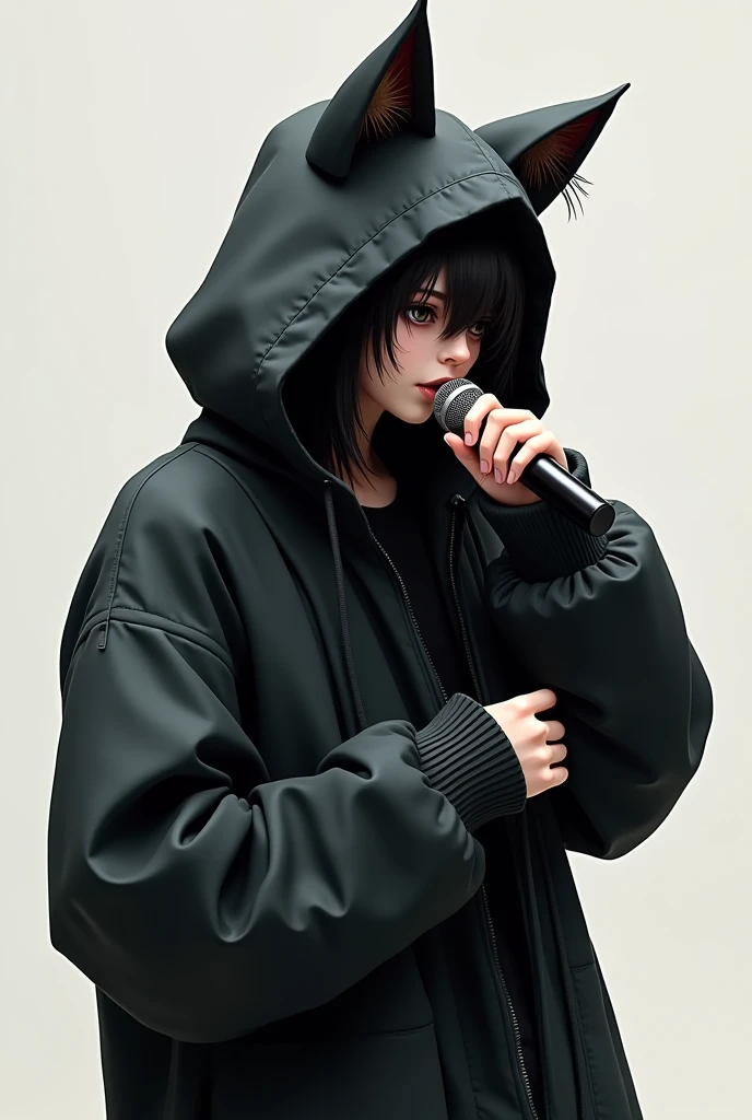 Drawing a person with a hood with a cat ear Man speaking into the microphone