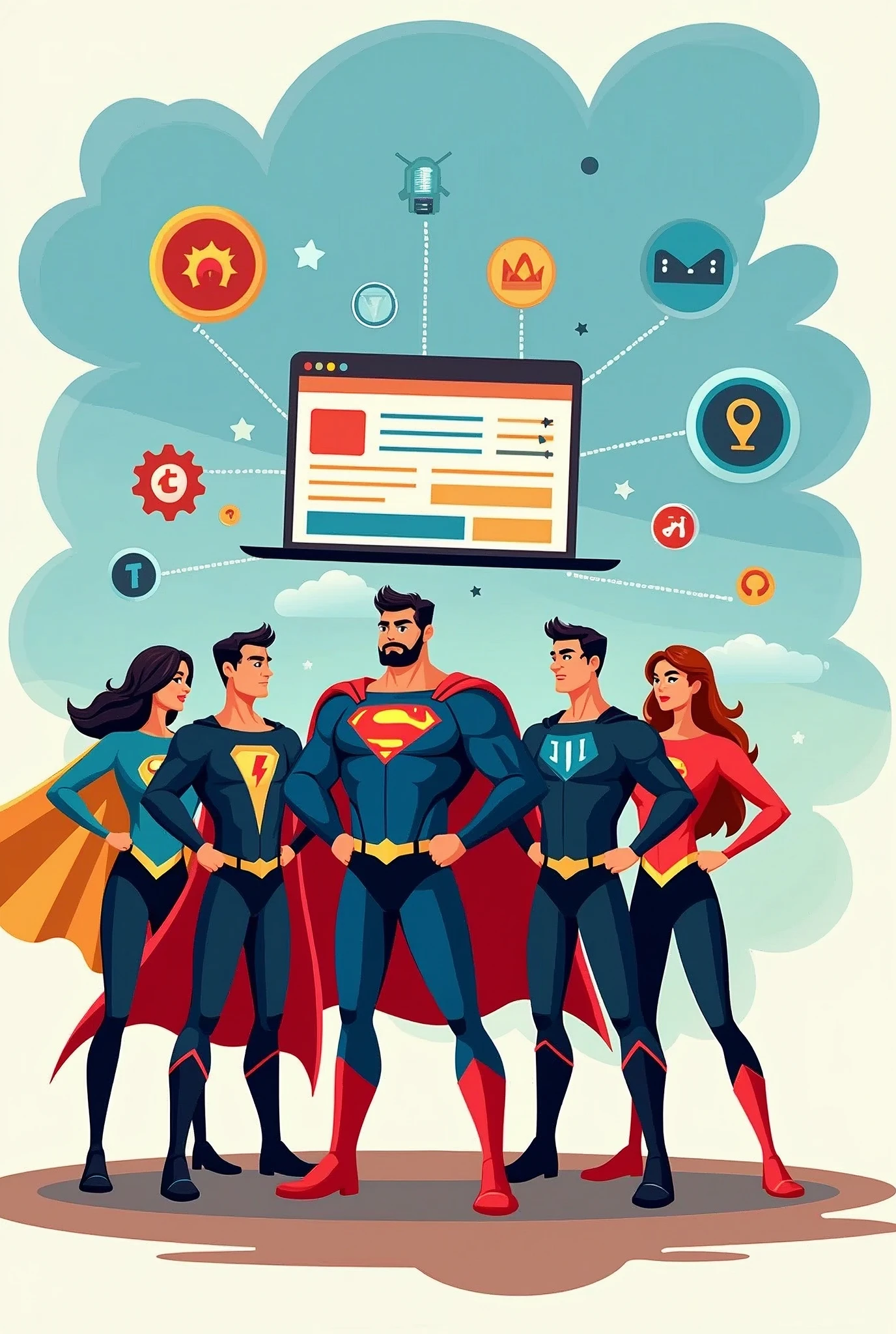 A team of superheroes, each representing a different aspect of digital marketing (SEO, design, etc.), working together to save a website. Logo: Top Marketing. Style: teamwork, united.