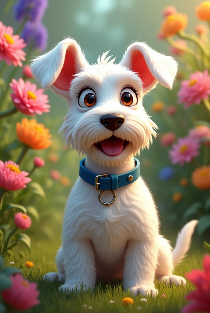 A white schnauzer dog with his ears up wearing a blue collar and named Arthur with a garden and flowers in the background
