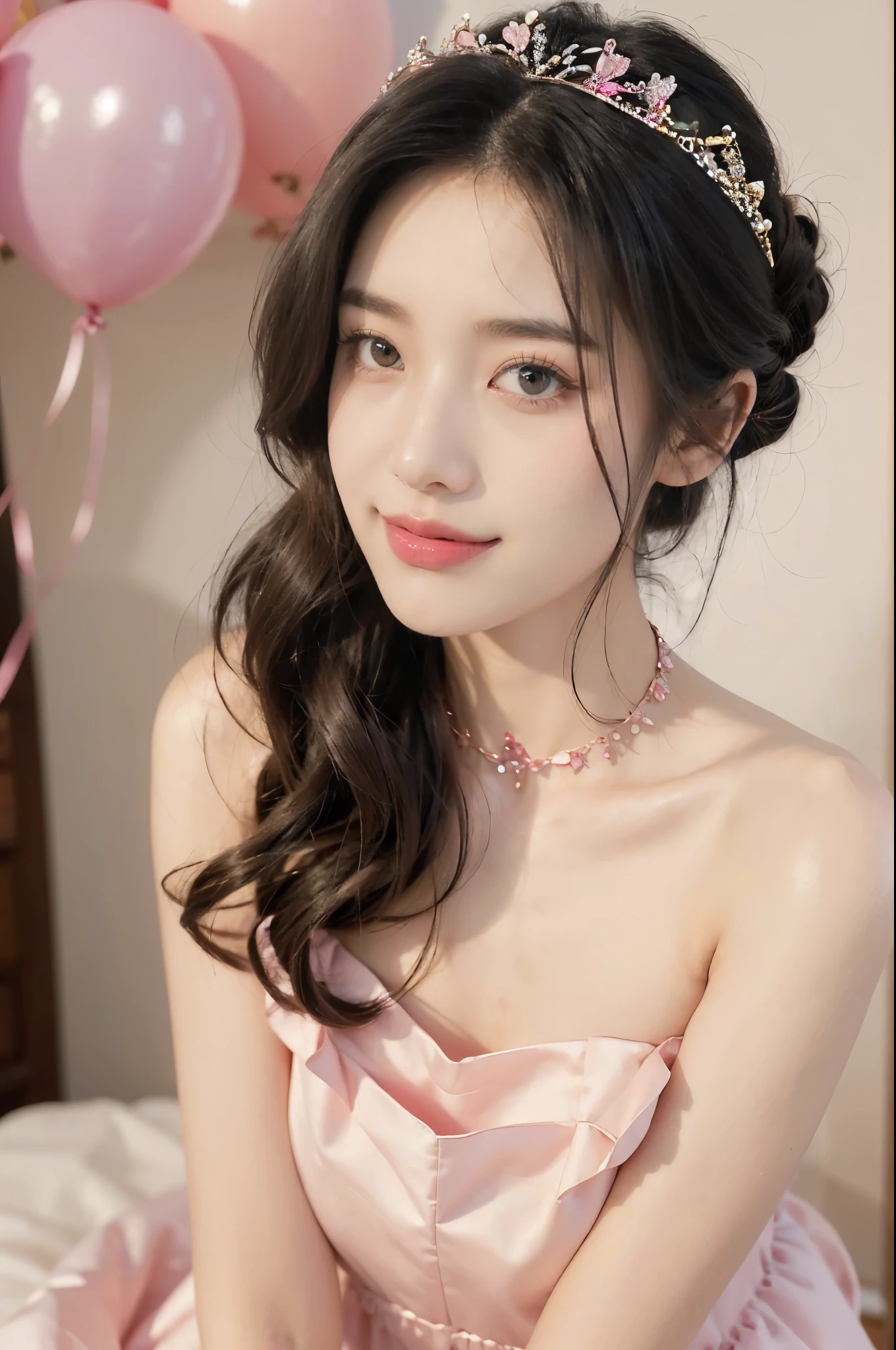 (((best quality))),(((ultra detailed))),(((masterpiece))),illustration,((1girl,solo)),(shoulder-length straight bob:1.2),(black hair:1.3),((bright eyes,flawless skin)),((slim,thin)),((small breasts,flat chest)),(dog collar with a bell:1.2),(pink sheer dress:1.3),(slender legs:1.2),sweetheart neckline,innocent yet alluring,(In a pink princess theme bedroom:1.3),(standing:1.3),(colorful gift box:1.3),wonderful expression,big bows,festive atmosphere,balloons and streamers,sunlight streaming in,radiant smile,anticipation,joy and excitement,capturing a moment of pure happiness,((from front,upper body))