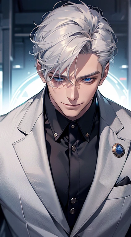 (best quality, masterpiece, 8K, photorealistic, cinematic lighting, 1:4 hdr image, top view, ultra detailed, beautiful image), a mature man, very handsome, short grey white hair, blue eyes, perfect face without errors , ((buttoning his jacket, CEO)), smile in love.