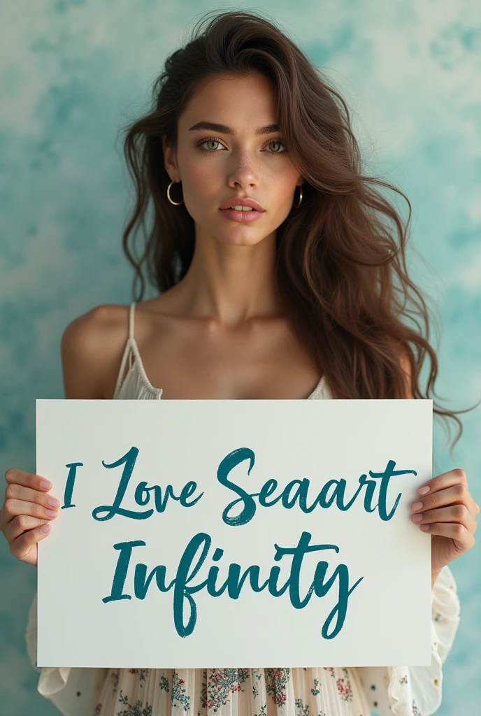Beautiful girl with wavy long hair, bohemian dress, holding a white board with text "I Love Seaart Infinity" and showing it to the viewer