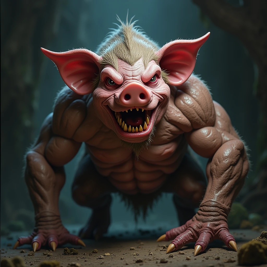 Draw me a picture of an orc with a pig's snout and a devilish grin