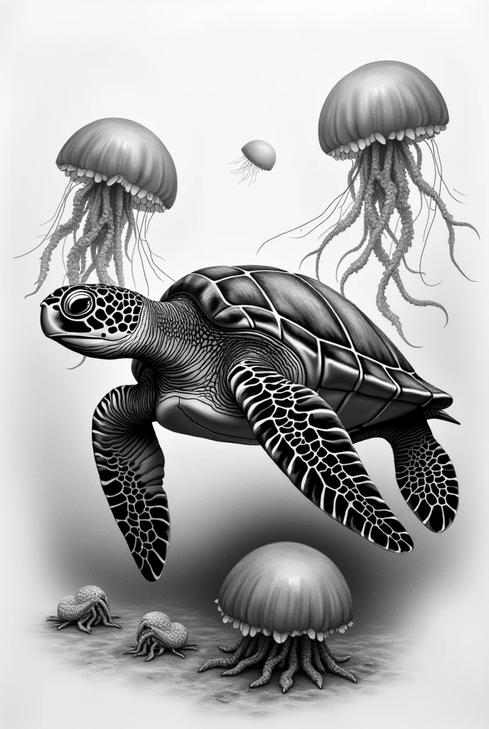 Realistic black and white tattoo design of a Dermochelys coriacea turtle swimming on the seabed surrounded by real jellyfish 