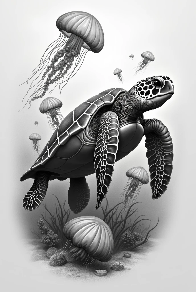 Realistic black and white tattoo design of a Dermochelys coriacea turtle swimming on the seabed surrounded by real jellyfish 