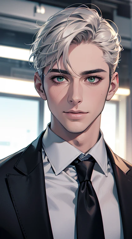 (Highest quality,4K,8K,High resolution,masterpiece:1.2),Super detailed,(Realistic,photoRealistic,photo-Realistic:1.37),1 person,34 years old,Mature Men,Beautiful skin、very handsome,Expressionless smile in love,Short white hair,green eyes,Sharp Eyes,A perfect face without a doubt,Businessman, CEO, Office Background,Cinema Lighting,HDR image,tie、