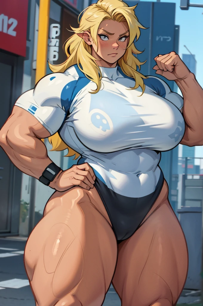 muscular cow woman, hair blonde, with giant breasts huge big big big big, with huge thighs muscular muscular thick thick big big big, in tight sportswear, standing, in town, and crazy about me