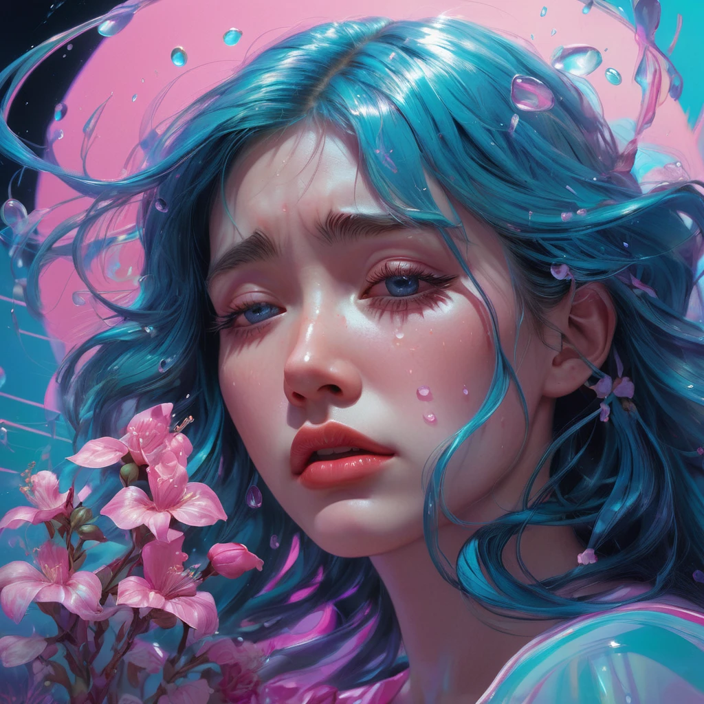 crying, Aesthetic, extremely detailed, crying eyes, Sweet, vaporwave Aesthetic, synthesized wave, Digital paint, art station, Conceptual art, seeds, sharp focus, illustration, Art by Artgerm and Greg Rutkowski and Alphonse Mucha
