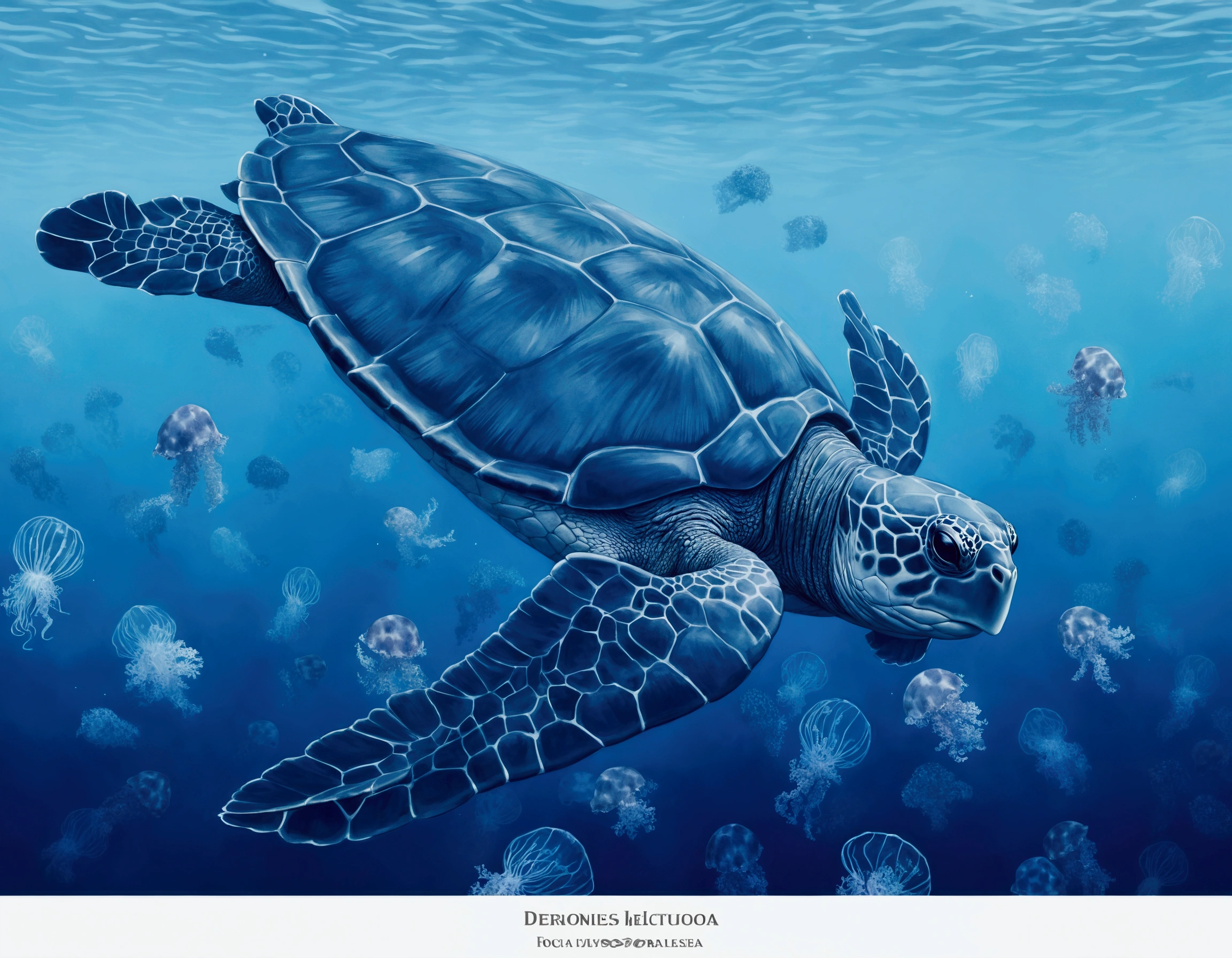 Design for a black and white realistic tattoo of a Dermochelys coriacea turtle swimming on the seabed surrounded by real jellyfish 