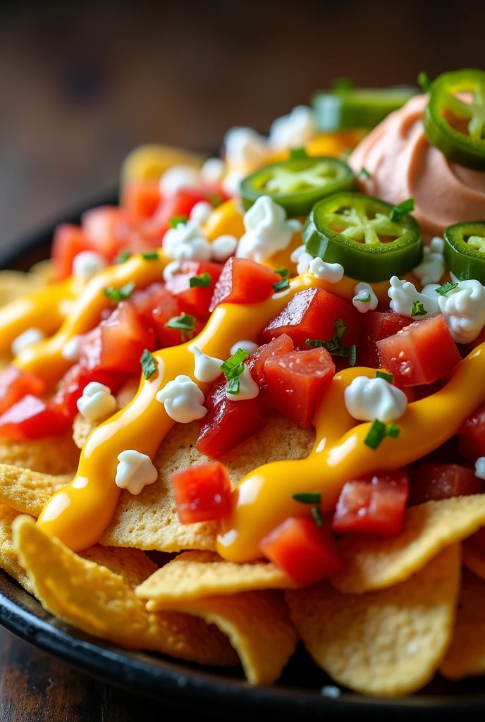 Plate with round nachos covered with diced tomato and white onion, liquid yellow cheese dressings, ketchup and cream with slices of pickled jalapeños. Everything very abundant.