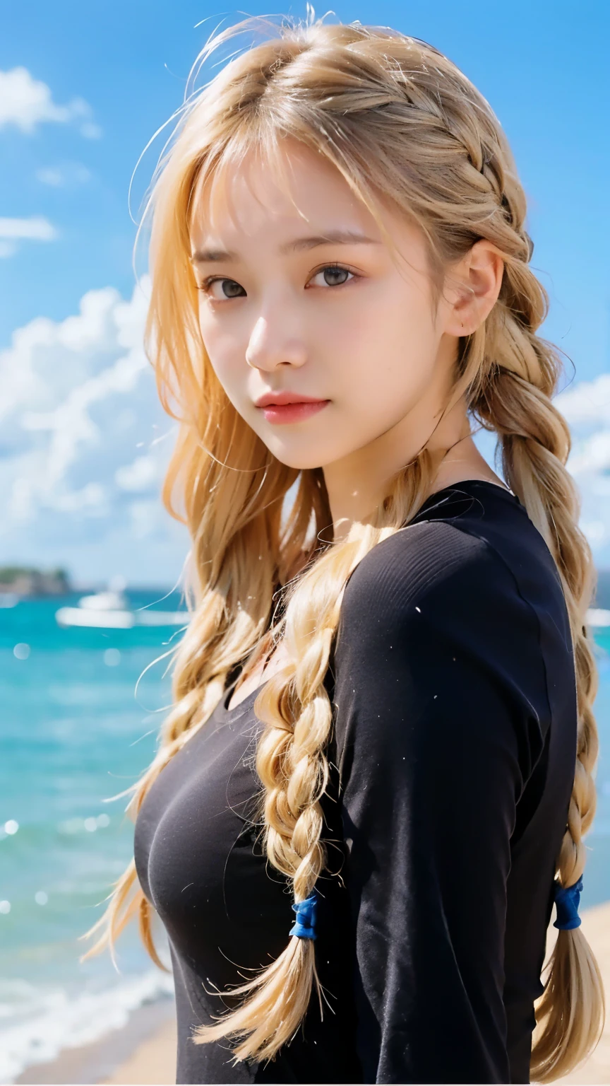 sexy big 、Sexy and cute appearance and cute 15 year old pretty girl, beautiful and sexy face、A strong wind blows your hair in front of your face.、beautiful long blonde French braided hair、beautiful, Cute and sexy eyes hidden by long bangs