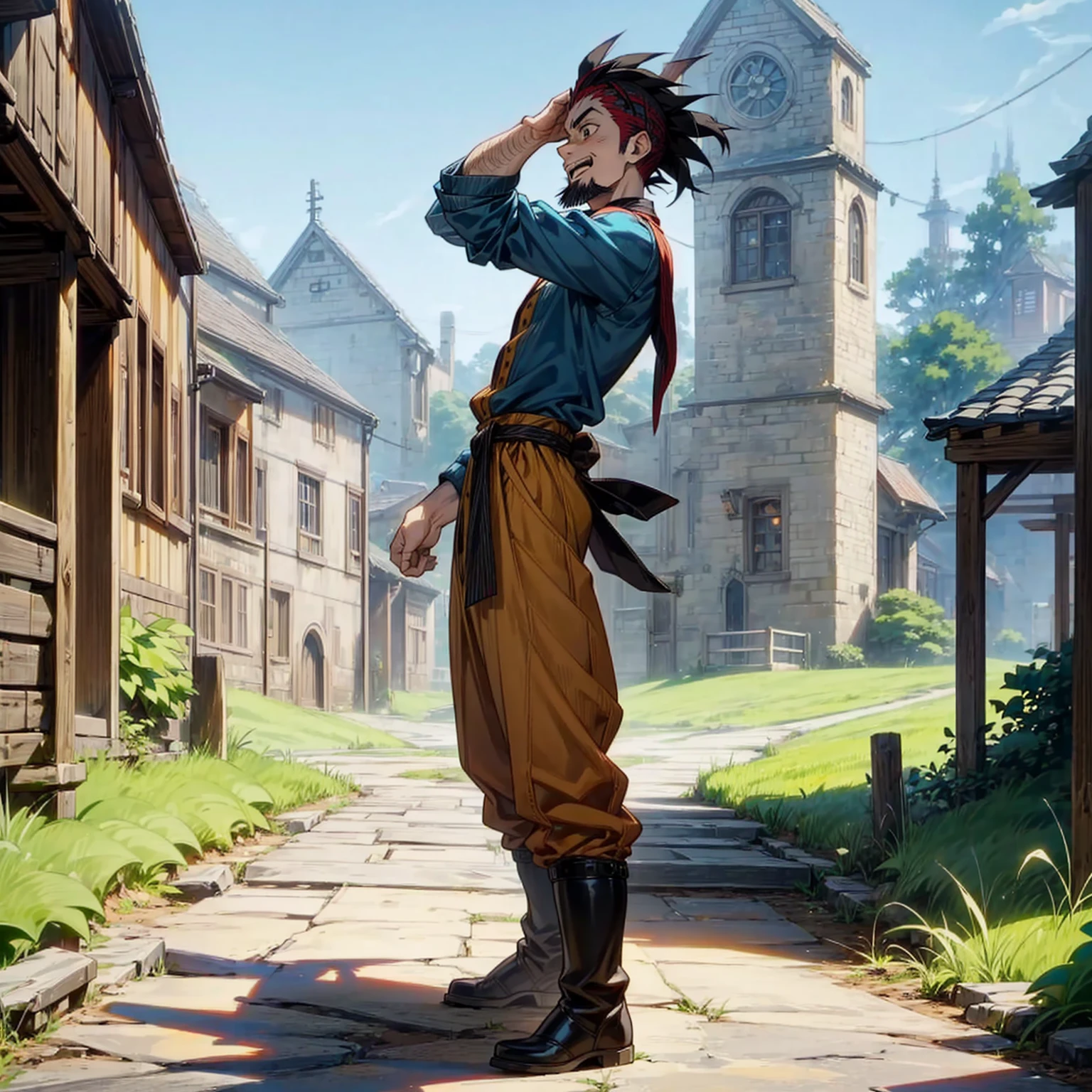 Solo character, old man, muscle, chin beard, full body version, black eyes, red half black colour hair, long mohawk haircut, casual clothing, yellow colour clothing, blue color pants, boots, outdoor, village, medieval, afternoon, standing gesture, detailed clothing, detailed hair, detailed background, (Hunter x Hunter style art), happy, laugh 