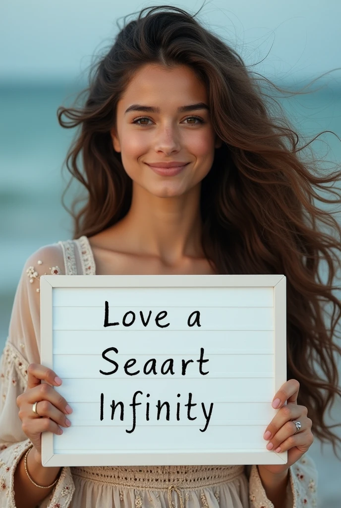 Beautiful girl with wavy long hair, bohemian dress, holding a white board with text "I Love Seaart Infinity" and showing it to the viewer