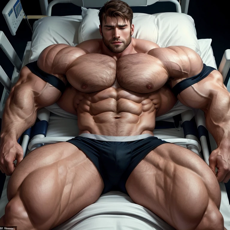 MCAmerica, a very handsome young man, eyes closed, shirtless wearing white underwear, very hairy body, exaggeratedly muscular, exaggeratedly huge muscles, lying on a hospital stretcher, seen from above on a black background