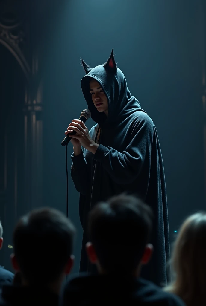 Drawing a person with a hood with a cat ear Man Speaking into a microphone In an audience on a stage