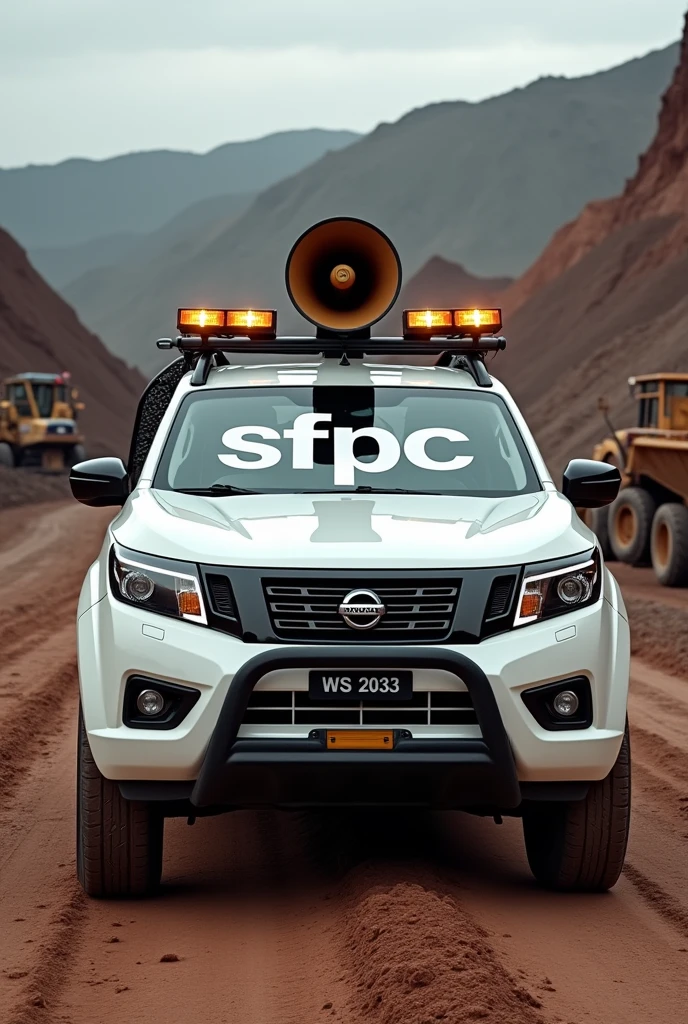 White Nissan Frontier pickup truck in an iron mining environment with a giant megaphone and strobe on the windshield and on the windshield written in white in Portuguese: sfpc you can trust

