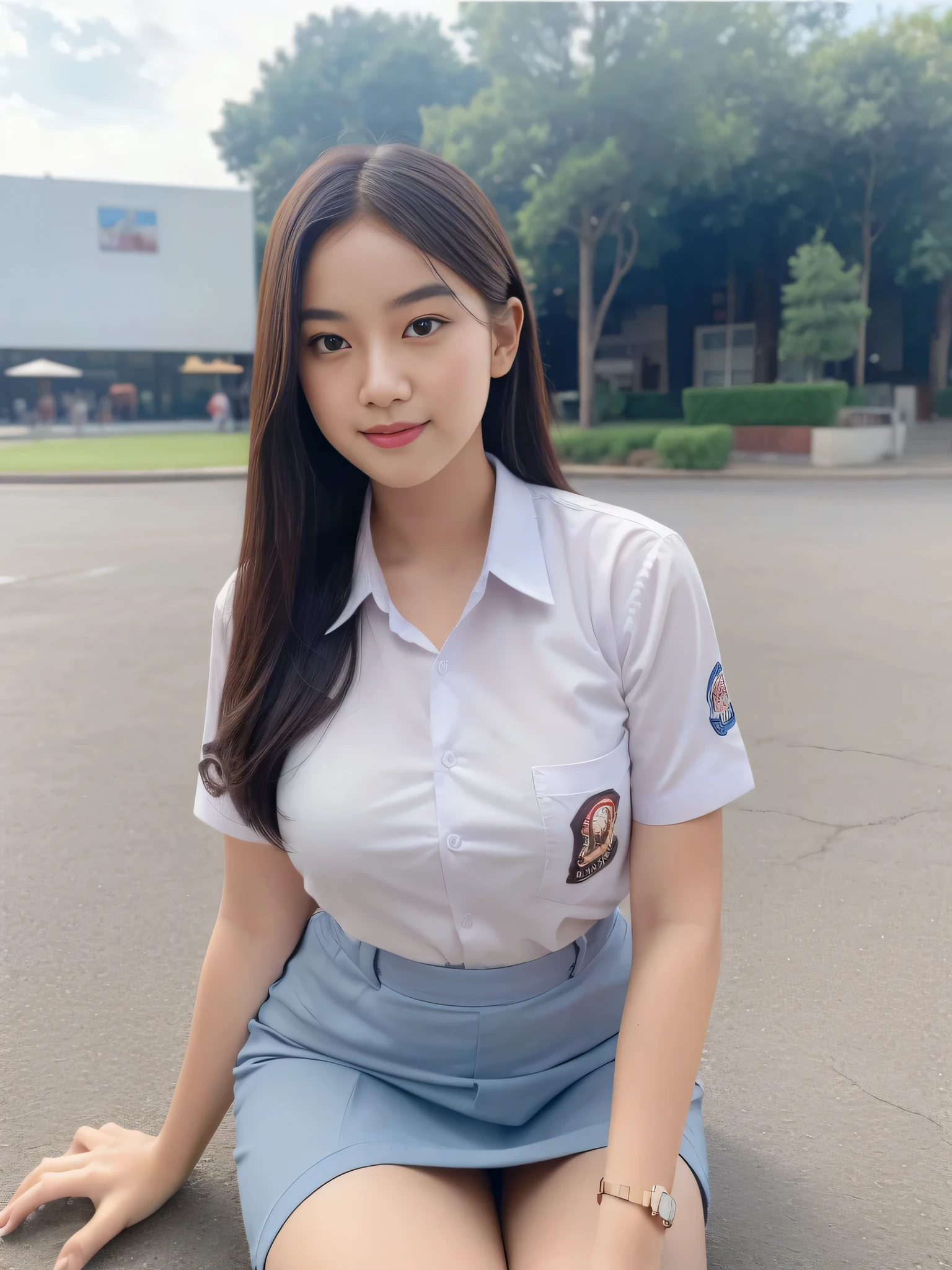 1girl, solo, 19 years old, (uniform), sits on something, detailed Metropolitan city at the background, portrait, thick breasts, semi-curvy body, smooth realistic skin, cute smirk, white shirt, grey blue short skirt, looking at the audience, high angle shot,(8k, RAW photo, best quality, masterpiece: 1.3), (realistic, realistic: 1.37), ultra-high resolution, cowboy shot