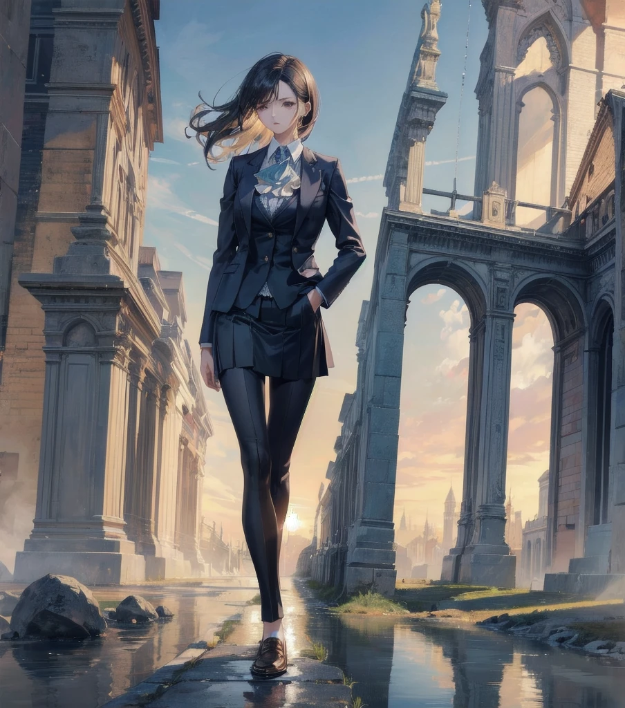 absurdres, RAW photo, extremely delicate and beautiful, masterpiece, Best Quality, ultra high resolution, 32k, hyper realistic, ultra-detailed, Very detailed CG 8k wallpaper, detailed background, landscape, Beautiful Lighting, Perfect Lightning, Realistic Shadows, perfect anatomy, anatomically correct, ideal ratio body proportions, perfect figure, Perfect Style, Perfect balance, super Detailed skin, in her 10s, very Slim body, narrow waist, very small head, very small face, delicate facial features, handsome detailed woman, very detailed eyes and face, realistic face proportions, Realistic beautiful face, Realistic beautiful eyes, tearful mole, earring, whole body shot, (very huge round tits), medium short hair, asymmetrical hair, wavy hair, business suit, blazer, (blouse), skirt,