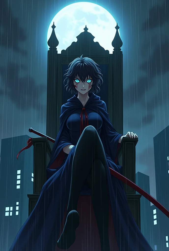 create an image of an anime girl sitting on thronethrone in top of a building, with a sadic and mad expression on her face, short curled hair hiding her ears, blue eyes and an long dark blue akatsuki clothe and a pair of black stockings completely covering your legs, under the heavy rain and a full moon. half of his face is covered by blood. she has a black long sword by her side