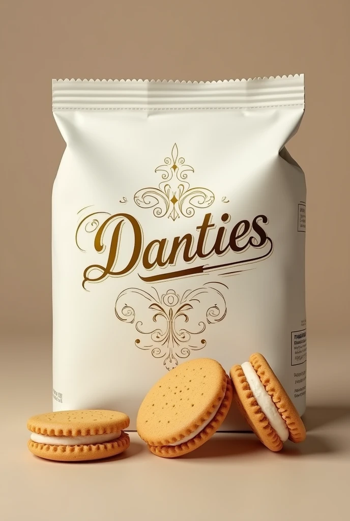 Biscuit package like Oreos but the package has cream white color and gold writing the name Danties  add 