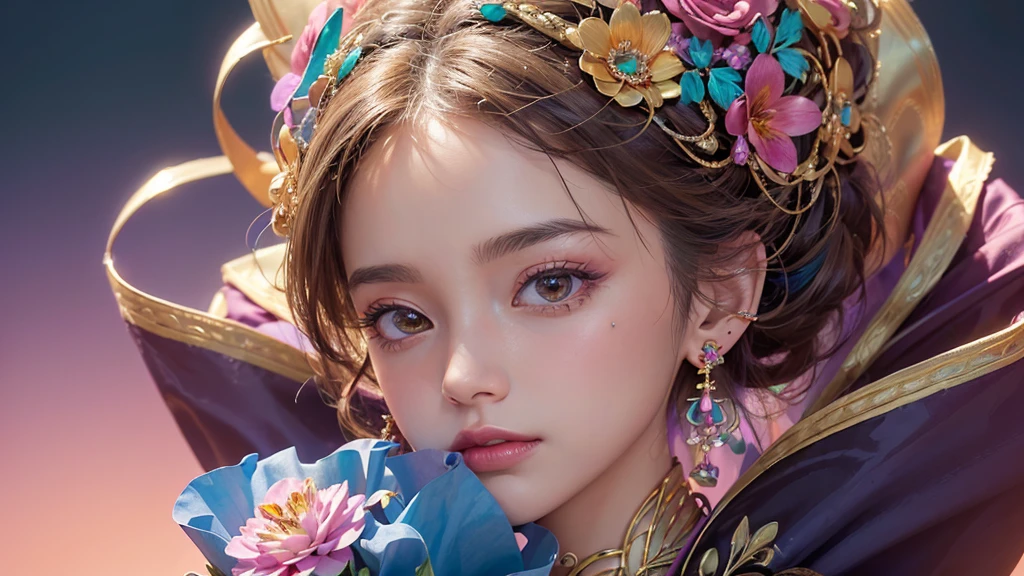 32K, 最高quality, 最高masterpiece, (ultra-Detailed Background, Detailed Background), High resolution, Super detailed, Very detailedな, One girl, (bouquet:1.3), (Tangled:1.2), (Geometric:1.2),(colorful),(masterpiece, quality, best quality, Official Art, Beautiful and beautiful:1.2), (1 girl:1.3), Very detailed,(colorful:1.1)(Flowers:1.3),Most detailed,(Tangled:1.2), whole body, (Abstract background:1.3), (Skin glows), (Many colors:1.4), ,(Earrings Jewelry:1.5), Pink Background,
