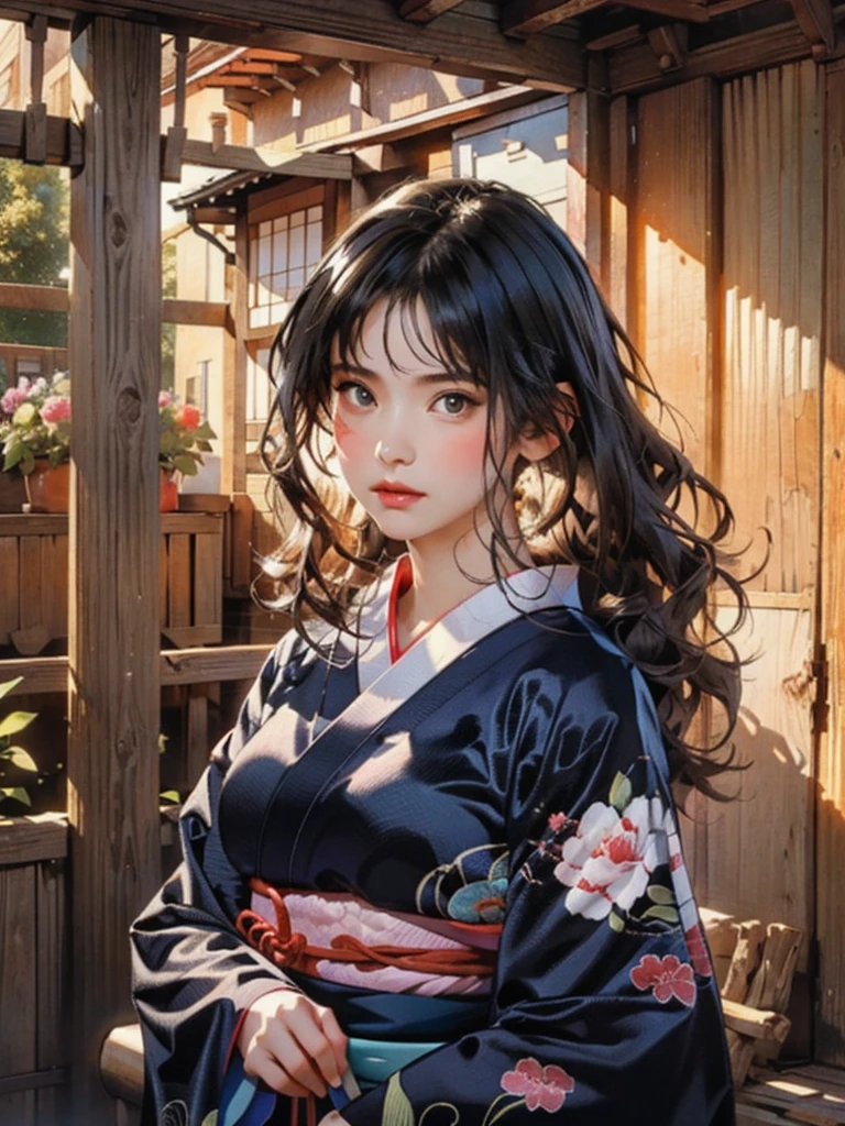 (highest quality、8k、32k、masterpiece)、(masterpiece, up to date,Exceptional:1.2), Anime, One girl,Front hair,black_hair, Beautiful 8k eyes,Looking_in_Audience,One person in,Are standing,((Very beautiful woman, Fuller lips, Japanese pintern kimono))、((Colorful Japanese kimono)))、(((Medium Shot)))、Blunt bung、(High resolution)、Very beautiful face and eyes、1 girl 、Round and small face、Narrow waist、delicine body、(highest quality high detail Rich skin details)、(highest quality、8k、Oil paints:1.2)、Very detailed、(Realistic、Realistic:1.37)、Bright colors、(((blackhair)))、(((longhair)))、(((cowboy pictures)))、((( Inside an old Japanese house)))、(masterpiece, highest quality, highest quality, Official Art, beautifully、aesthetic:1.2), (One girl), Very detailedな,(Fractal Art:1.3),colorful,Most detailed,Sengoku period(High resolution)、Very beautiful face and eyes、1 girl 、Round and small face、Tight waist、Delicine body、(highest quality high detail Rich skin details)、(highest quality、8k、Oil paints:1.2)、(Realistic、Realistic:1.37)、Greg Rutkowski Written by Alphonse Mucha Ropp, sun lips