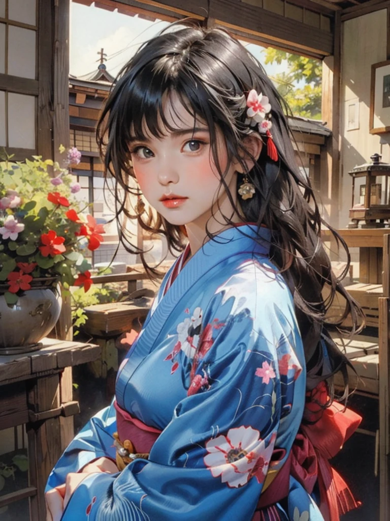 (highest quality、8k、32k、masterpiece)、(masterpiece, up to date,Exceptional:1.2), Anime, One girl,Front hair,black_hair, Beautiful 8k eyes,Looking_in_Audience,One person in,Are standing,((Very beautiful woman, Fuller lips, Japanese pintern kimono))、((Colorful Japanese kimono)))、(((Medium Shot)))、Blunt bung、(High resolution)、Very beautiful face and eyes、1 girl 、Round and small face、Narrow waist、delicine body、(highest quality high detail Rich skin details)、(highest quality、8k、Oil paints:1.2)、Very detailed、(Realistic、Realistic:1.37)、Bright colors、(((blackhair)))、(((longhair)))、(((cowboy pictures)))、((( Inside an old Japanese house)))、(masterpiece, highest quality, highest quality, Official Art, beautifully、aesthetic:1.2), (One girl), Very detailedな,(Fractal Art:1.3),colorful,Most detailed,Sengoku period(High resolution)、Very beautiful face and eyes、1 girl 、Round and small face、Tight waist、Delicine body、(highest quality high detail Rich skin details)、(highest quality、8k、Oil paints:1.2)、(Realistic、Realistic:1.37)、Greg Rutkowski Written by Alphonse Mucha Ropp, sun lips