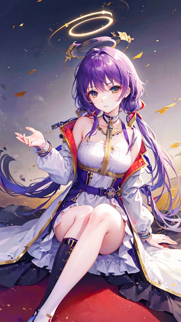 Hair intake，A young girl，Purple Hair，Halo，Trench coat，Over the knee boots，Serious expression，Red Eye，（high quality），Gold decoration，Neck strap，Ribbon ornaments，Sitting