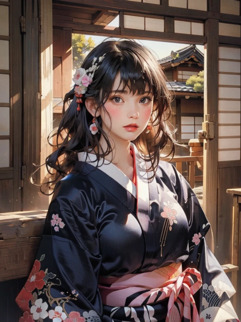 (highest quality、8k、32k、masterpiece)、(masterpiece, up to date,Exceptional:1.2), Anime, One girl,Front hair,black_hair, Beautiful 8k eyes,Looking_in_Audience,One person in,Are standing,((Very beautiful woman, Fuller lips, Japanese pintern kimono))、((Colorful Japanese kimono)))、(((Medium Shot)))、Blunt bung、(High resolution)、Very beautiful face and eyes、1 girl 、Round and small face、Narrow waist、delicine body、(highest quality high detail Rich skin details)、(highest quality、8k、Oil paints:1.2)、Very detailed、(Realistic、Realistic:1.37)、Bright colors、(((blackhair)))、(((longhair)))、(((cowboy pictures)))、((( Inside an old Japanese house)))、(masterpiece, highest quality, highest quality, Official Art, beautifully、aesthetic:1.2), (One girl), Very detailedな,(Fractal Art:1.3),colorful,Most detailed,Sengoku period(High resolution)、Very beautiful face and eyes、1 girl 、Round and small face、Tight waist、Delicine body、(highest quality high detail Rich skin details)、(highest quality、8k、Oil paints:1.2)、(Realistic、Realistic:1.37)、Greg Rutkowski Written by Alphonse Mucha Ropp, sun lips