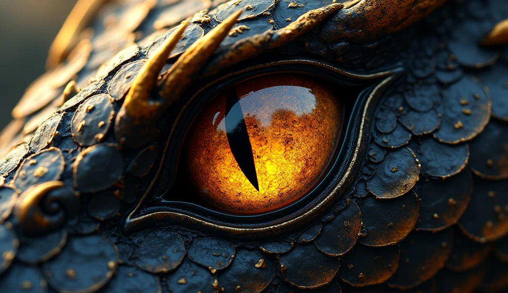 Close-up of a magic snake's eye, one of dark scales with burnt gold, this in manga style, drawn in manga style, in manhwa style, Close-up of the eye of a magical scaly snake, drawing, escama al estilo drawing de scketch, black scales with gold, black scales with gold, eye of a dragon, eye of a dragon. ash gold color, dark place, dark place, low light, magic castle, Dragon Eye.