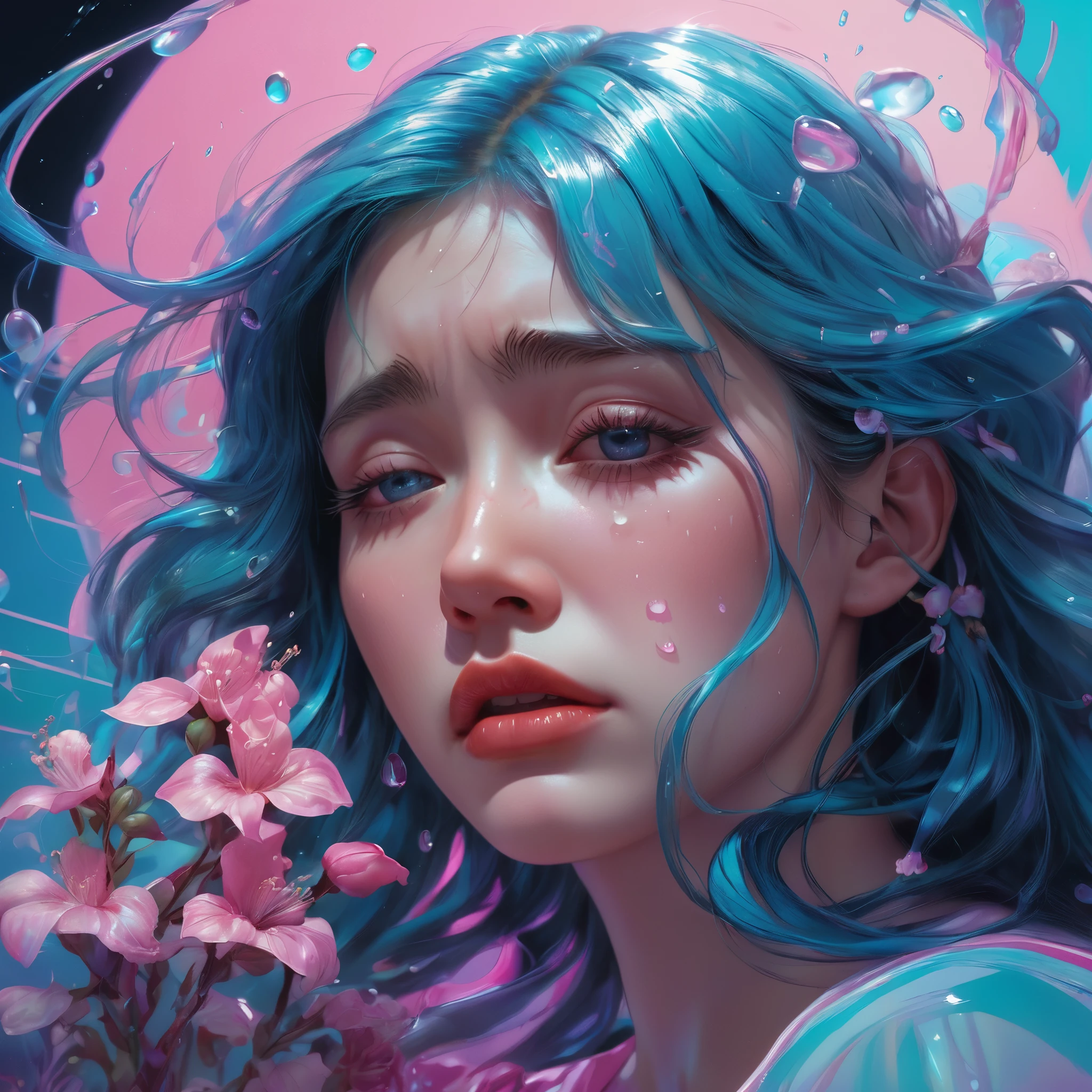 crying, Aesthetic, extremely detailed, crying eyes, Sweet, vaporwave Aesthetic, synthesized wave, Digital paint, art station, Conceptual art, seeds, sharp focus, illustration, Art by Artgerm and Greg Rutkowski and Alphonse Mucha