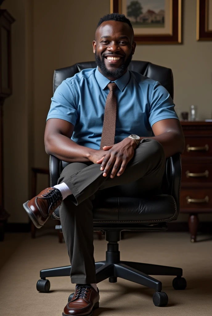 A black man smiling, baldie, blue polo shirt, dark brown tie and pants with elegant sneakers, sitting in a desk chair with a thoughtful pose
