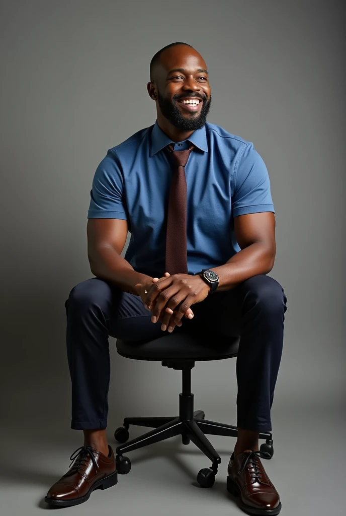 A black man smiling, baldie, blue polo shirt, dark brown tie and pants with elegant sneakers, sitting in a desk chair with a thoughtful pose