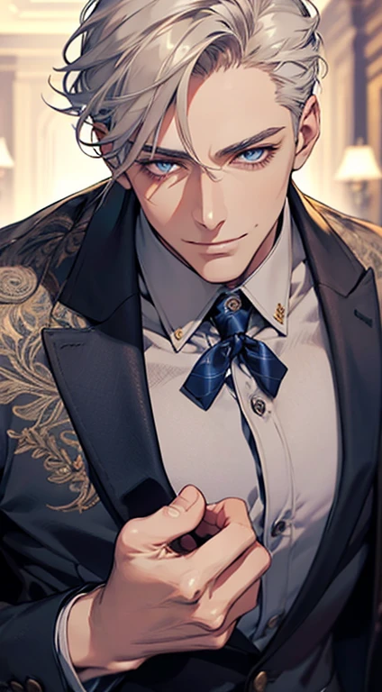 a mature man, very handsome, short grey golden hair, beautiful blue eyes, perfect detailed face, buttoning his jacket, CEO, smiling in love, cinematic lighting, 1:4 HDR, photorealistic, ultra detailed, 8K, best quality, masterpiece