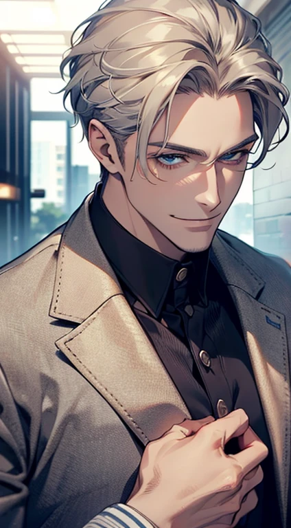 a mature man, very handsome, short grey golden hair, beautiful blue eyes, perfect detailed face, buttoning his jacket, CEO, smiling in love, cinematic lighting, 1:4 HDR, photorealistic, ultra detailed, 8K, best quality, masterpiece