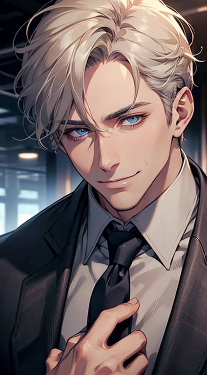 a  man, very handsome, short grey golden hair, beautiful blue eyes, perfect detailed face, buttonhis jacket, CEO, smiling in love, cinematic lighting, 1:4 HDR, photorealistic, ultra detailed, 8K, best quality, masterpiece