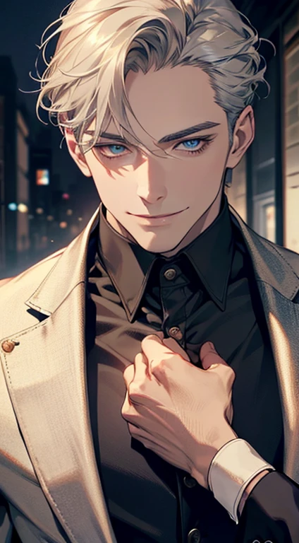 a mature man, very handsome, short grey golden hair, beautiful blue eyes, perfect detailed face, buttoning his jacket, CEO, smiling in love, cinematic lighting, 1:4 HDR, photorealistic, ultra detailed, 8K, best quality, masterpiece