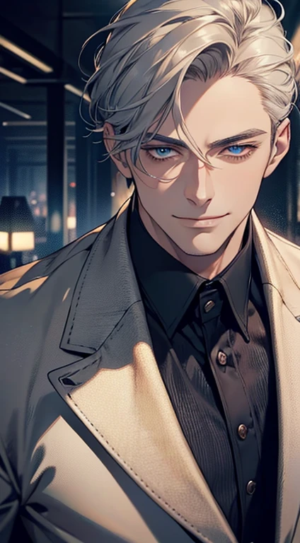 a mature man, very handsome, short grey golden hair, beautiful blue eyes, perfect detailed face, buttoning his jacket, CEO, smiling in love, cinematic lighting, 1:4 HDR, photorealistic, ultra detailed, 8K, best quality, masterpiece
