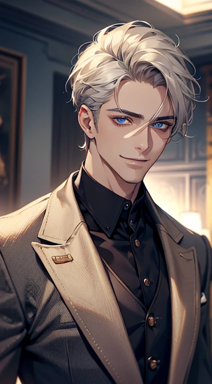 a mature man, very handsome, short grey golden hair, beautiful blue eyes, perfect detailed face, buttoning his jacket, CEO, smiling in love, cinematic lighting, 1:4 HDR, photorealistic, ultra detailed, 8K, best quality, masterpiece