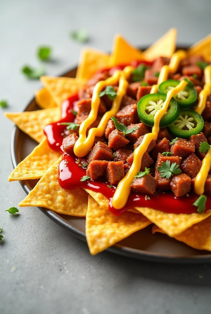 Plate with round nachos covered with diced tomato and white onion, liquid yellow cheese dressings, ketchup and cream with slices of pickled jalapeños. All well served.