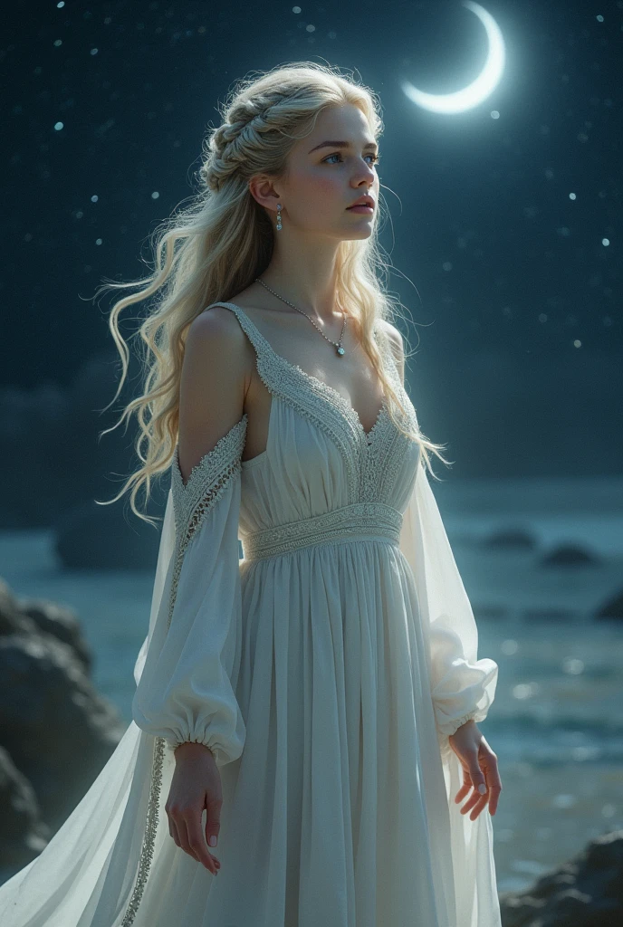 The background is inspired by the new moon.、Beautiful Goddess、Looks about 11 years old、Celtic white clothing