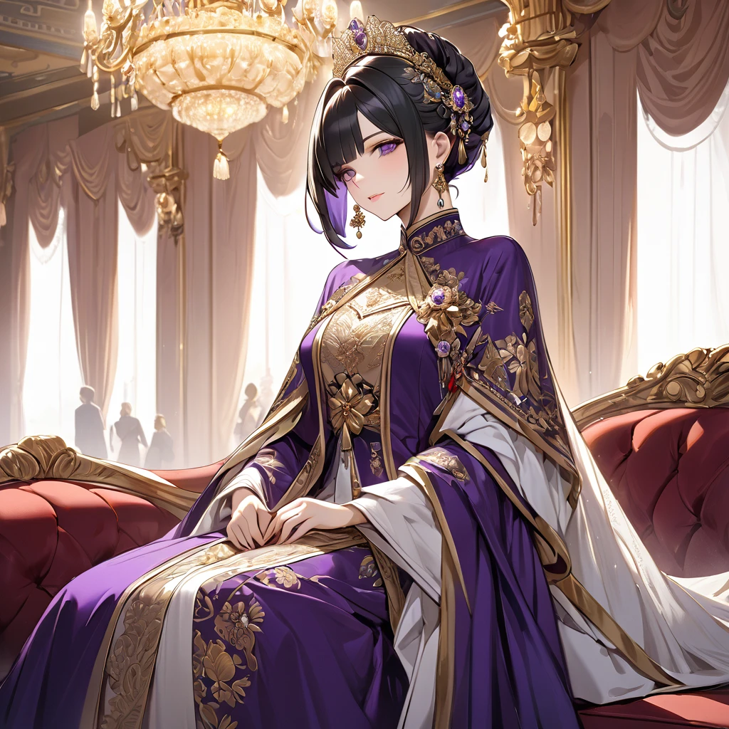 ((Highest quality)), ((masterpiece)), (detailed), (Perfect Face)、The woman is Shinobu Kocho, a Russian with black hair with purple gradient ends, tied in a bob hairstyle, an elegant, graceful and beautiful Russian noblewoman, and the Empress of the Great Russian Empire.、The woman is beautifully dressed in the gorgeous, glittering gold-colored Russian court dress of an ancient Russian empress, accessorized with luxurious accessories and kokoshniks.、The woman is standing next to a great and dignified old Russian emperor.、The woman sits cozy with the great Russian emperor on a luxurious sofa in the palace.