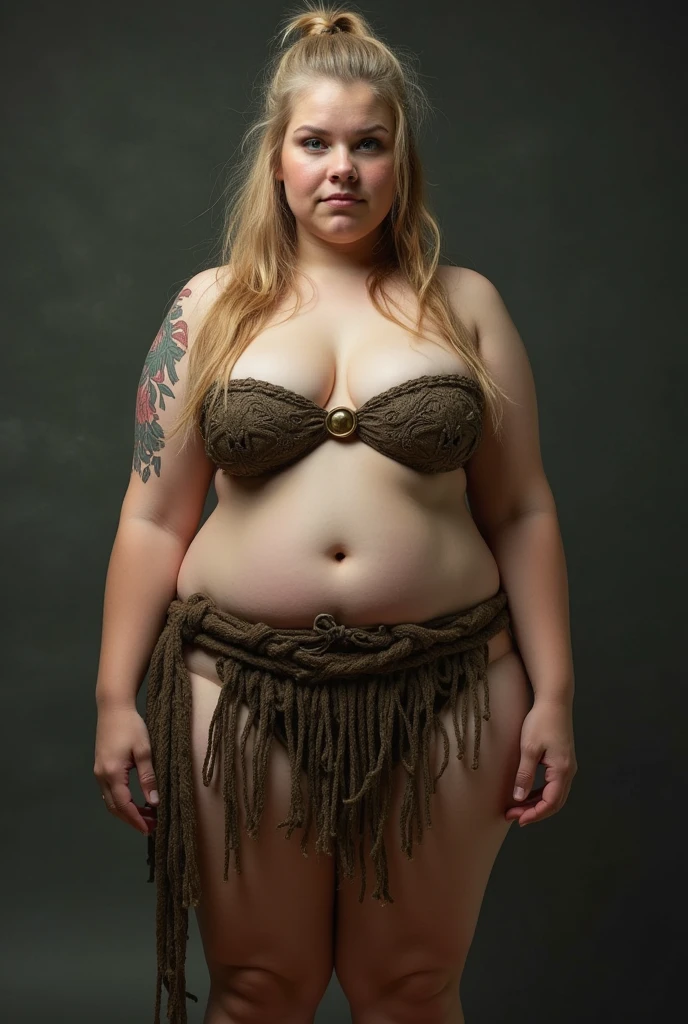 Viking girl worshipping norse gods, naked, front view, very wide hips, (obtained by worshipping god daily), perfectly shaped body curves, fair skin, big body, viking, flat, chest, big, breasts, shaven public hair, huge, gigantic, small, hips, thighs, wide, thick, plump, belly, muscular, female, arms, extra, abs, 