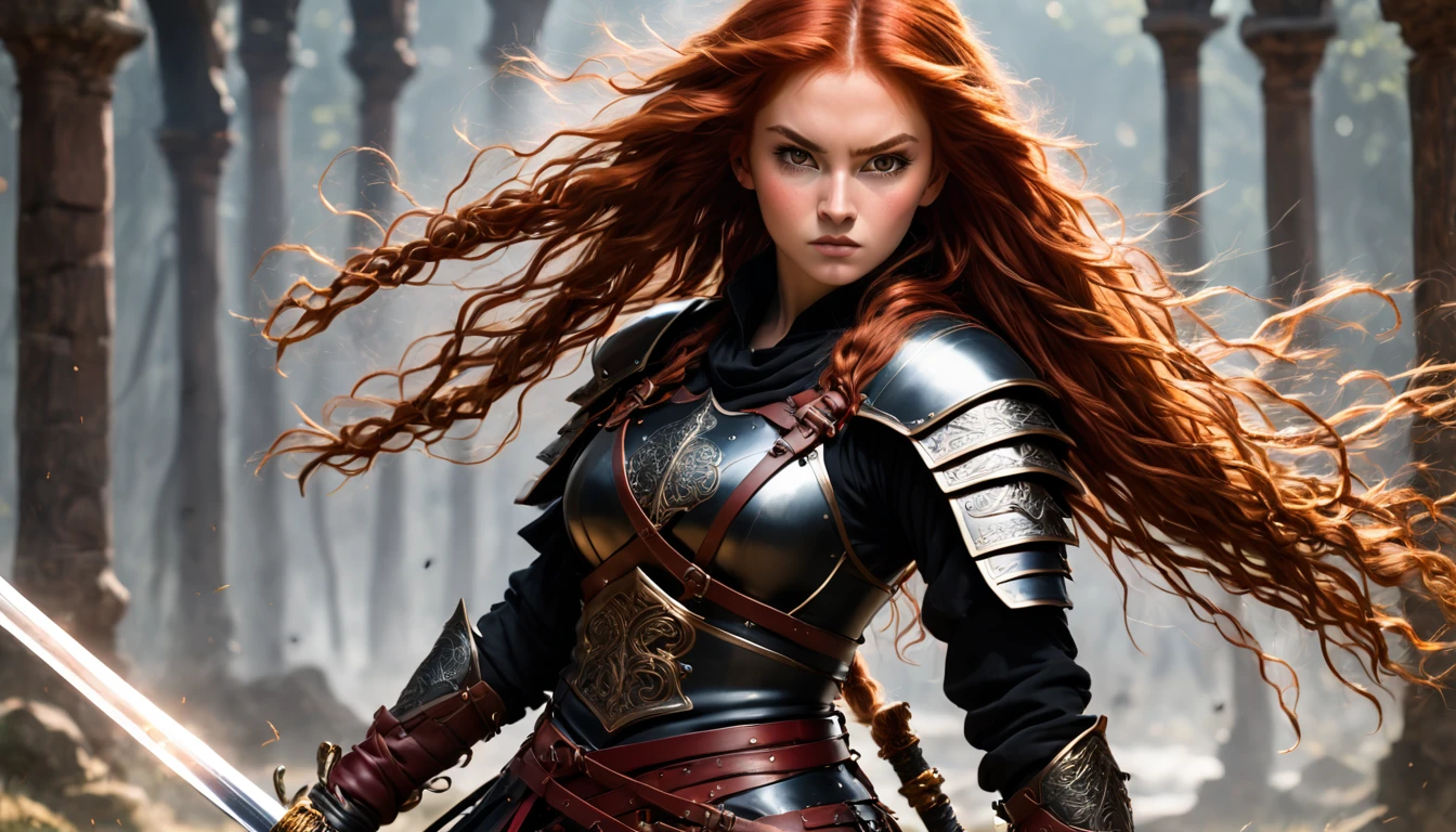 a PHOTO Nayane Laura Menequel XX weeks13, a beautiful young warrior, detailed light honey eyes, long red hair, SHE IS wielding a two-handed longsword and wearing black boots, and in a fighting pose with her hands on the sword and with knees bent