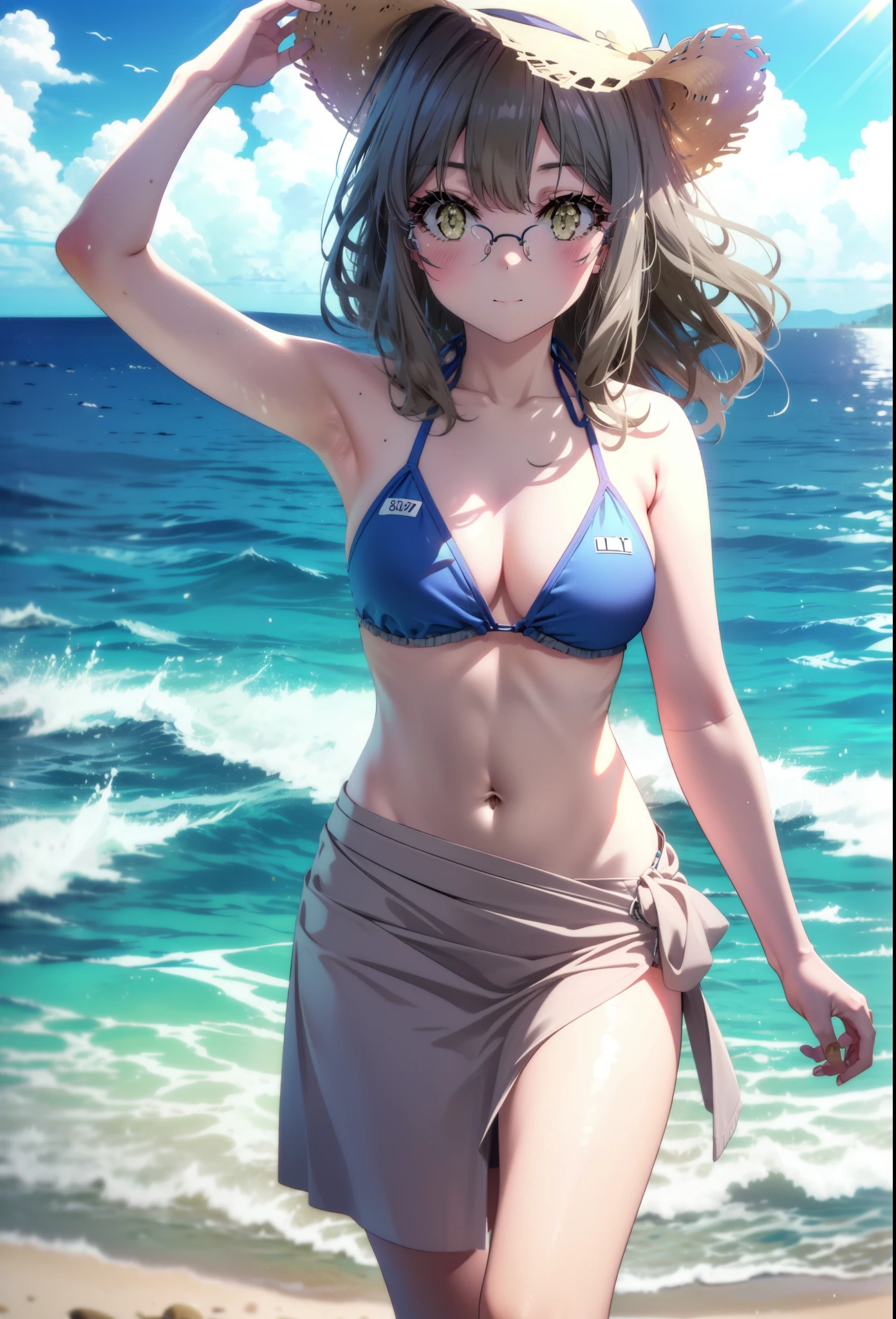 Riofutaba, Rio Futaba, Long Hair, Brown Hair, (Brown eyes:1.5),smile,blush,Glasses,Straw hat,Black bikini string swimsuit,Belly button,A thin long skirt is wrapped around her waist,barefoot,Sandy Beachを散歩している,morning,morning陽,The sun is rising,whole bodyがイラストに入るように,
break outdoors, Beach,Sandy Beach,
break looking at viewer, whole body,(Cowboy Shot:1.5),
break (masterpiece:1.2), Highest quality, High resolution, unity 8k wallpaper, (figure:0.8), (Beautiful attention to detail:1.6), Highly detailed face, Perfect lighting, Highly detailed CG, (Perfect hands, Perfect Anatomy),