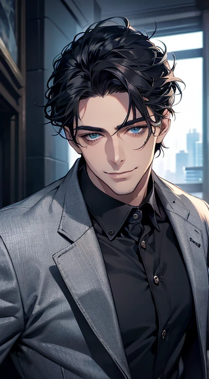 a mature man, very handsome, short grey black hair, beautiful blue eyes, perfect detailed face, buttoning his jacket, CEO, smiling in love, cinematic lighting, 1:4 HDR, photorealistic, ultra detailed, 8K, best quality, masterpiece