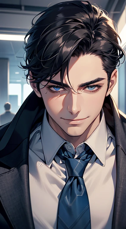 a mature man, very handsome, short grey black hair, beautiful blue eyes, perfect detailed face, buttoning his jacket, CEO, smiling in love, cinematic lighting, 1:4 HDR, photorealistic, ultra detailed, 8K, best quality, masterpiece