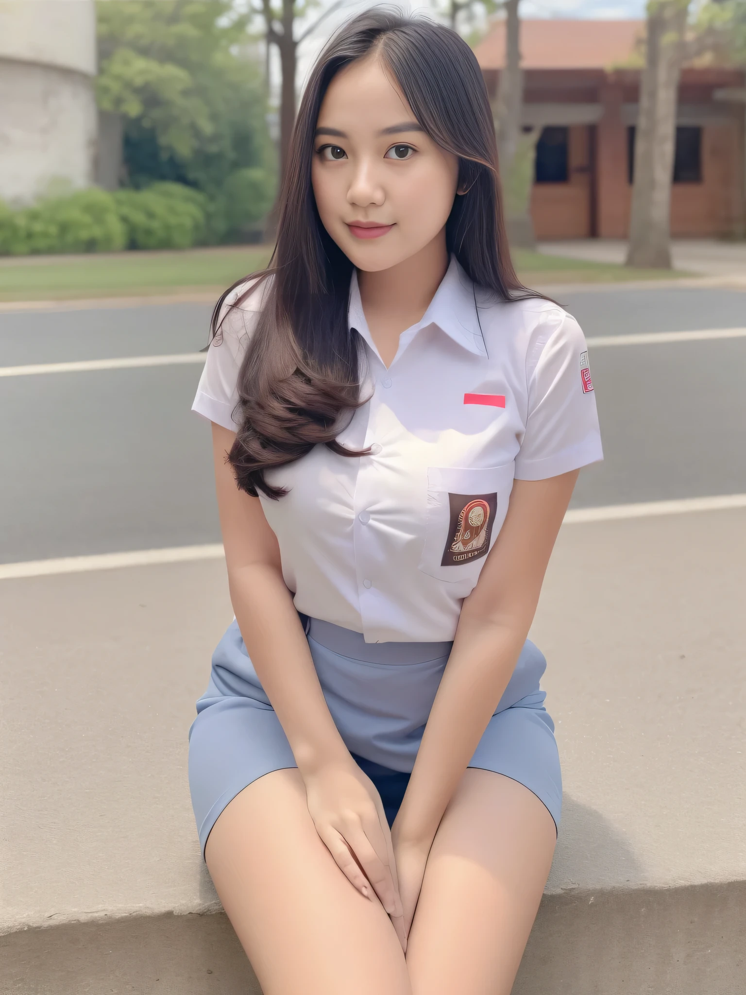 1girl, solo, 19 years old, (uniform), sits on something, detailed Metropolitan city at the background, portrait, thick breasts, semi-curvy body, smooth realistic skin, cute smirk, white shirt, grey blue short skirt, looking at the audience, high angle shot,(8k, RAW photo, best quality, masterpiece: 1.3), (realistic, realistic: 1.37), ultra-high resolution, cowboy shot
