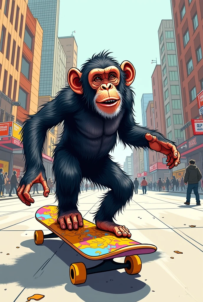 Generate a sketch of a chimpanzee riding a skate board 